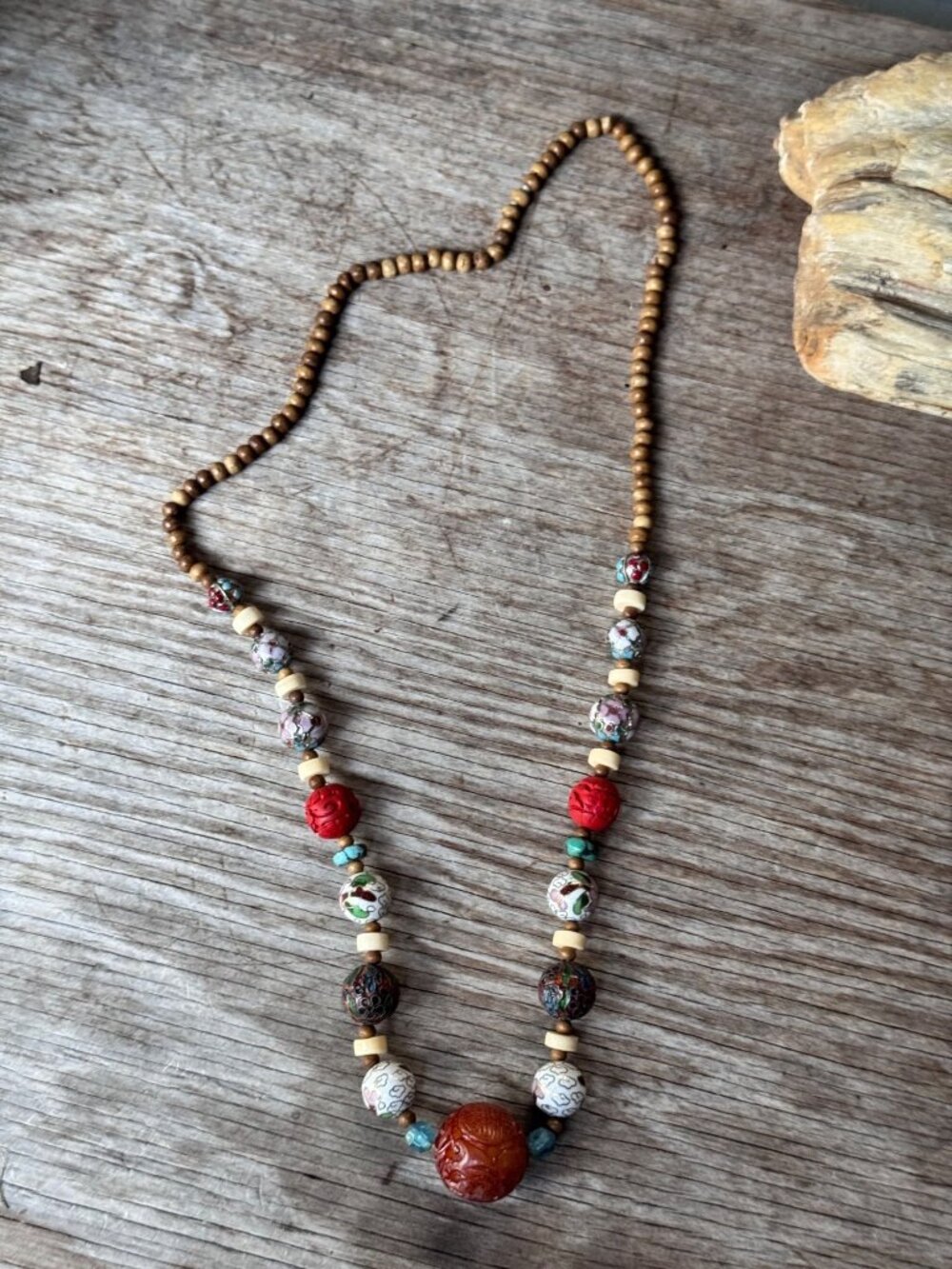 Chinese Cloisonne Carved Resin Wood Mixed Bead 28” Necklace No Clasp